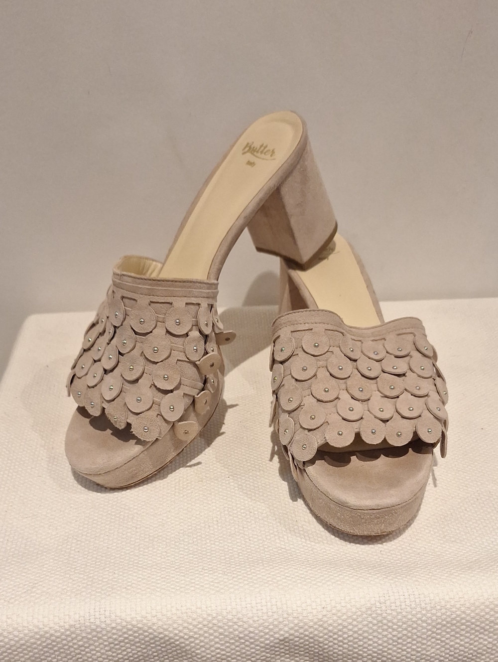 Butter Beige Suede Scallop Petal Platform Mules
